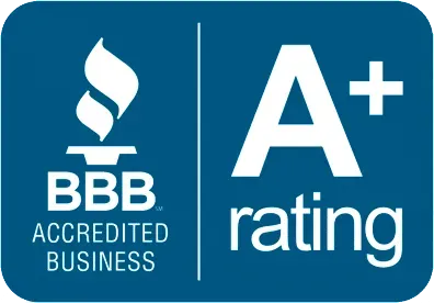 BBB Accredited Business and A+ rating logo on a blue background