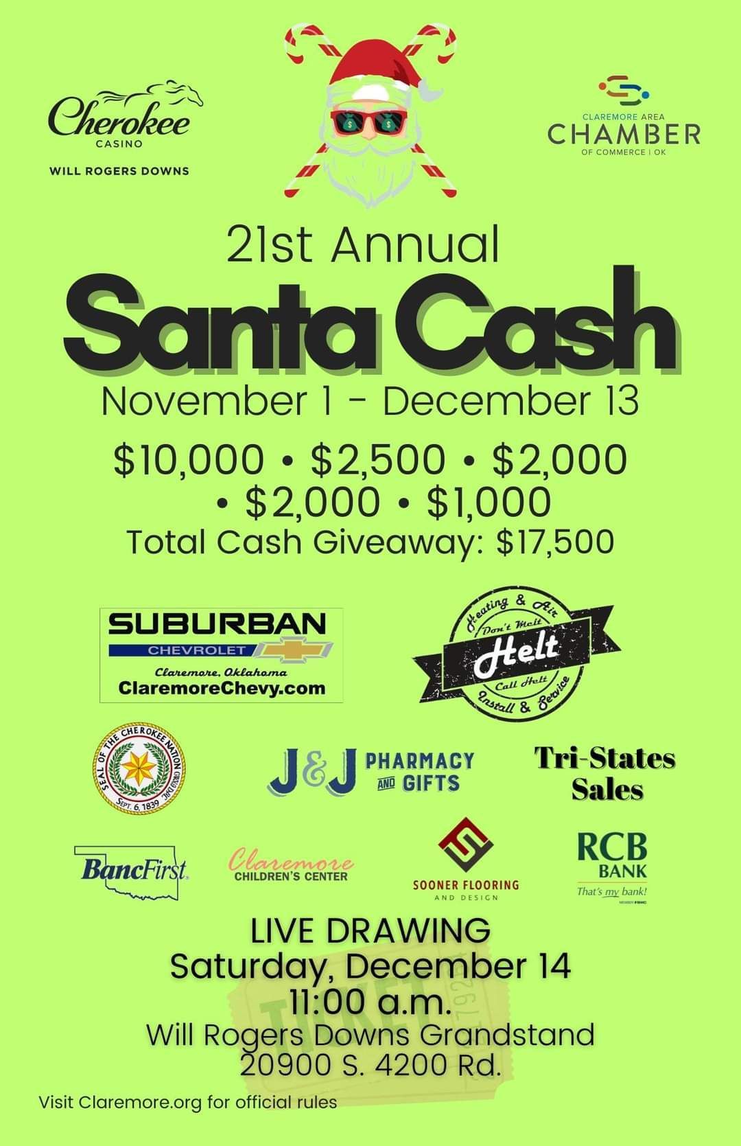 Santa Cash raffle poster in lime green with prizes, sponsors, and December 13 live drawing details