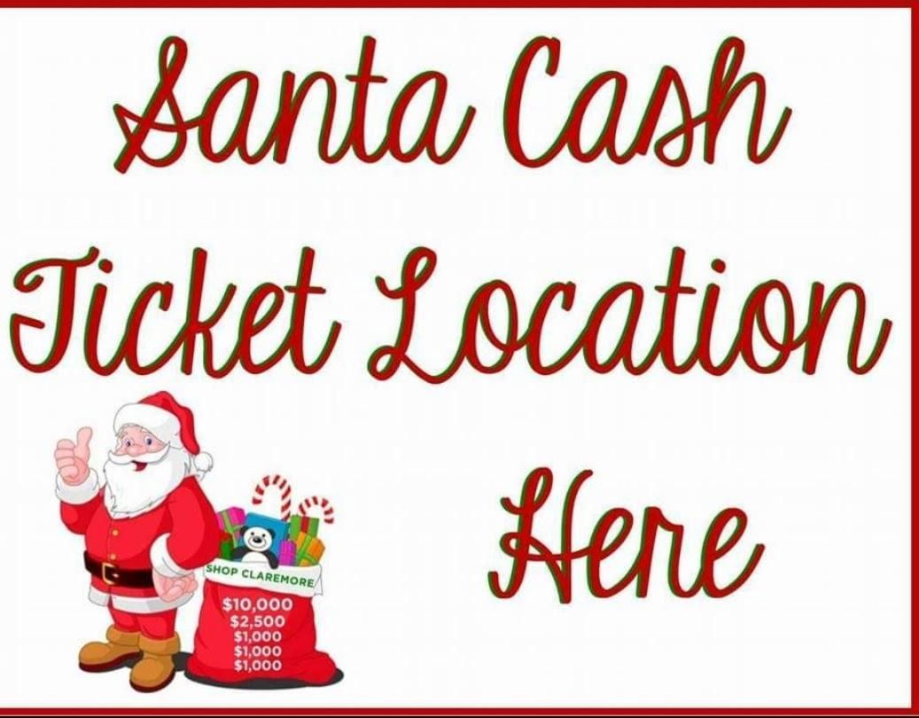 Santa Cash ticket location sign with Santa beside a red gift bag on a white background