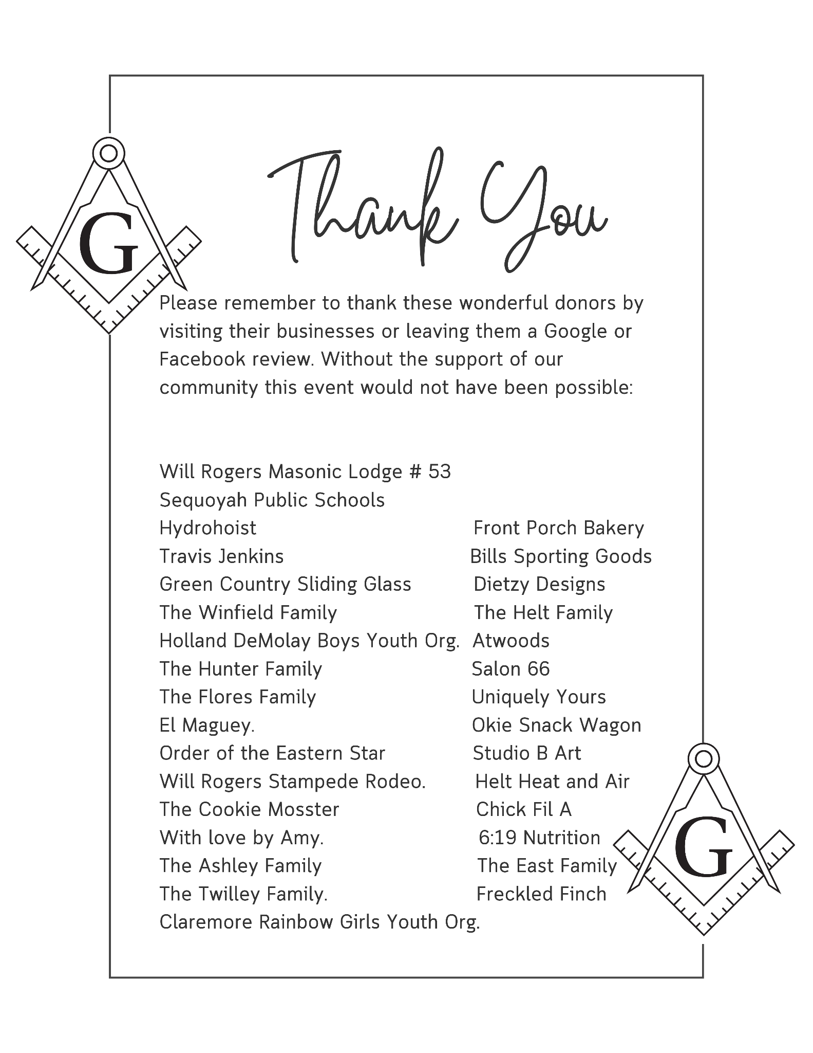 Thank-you card with a decorative monogram “G” and handwritten-style text on a white background.