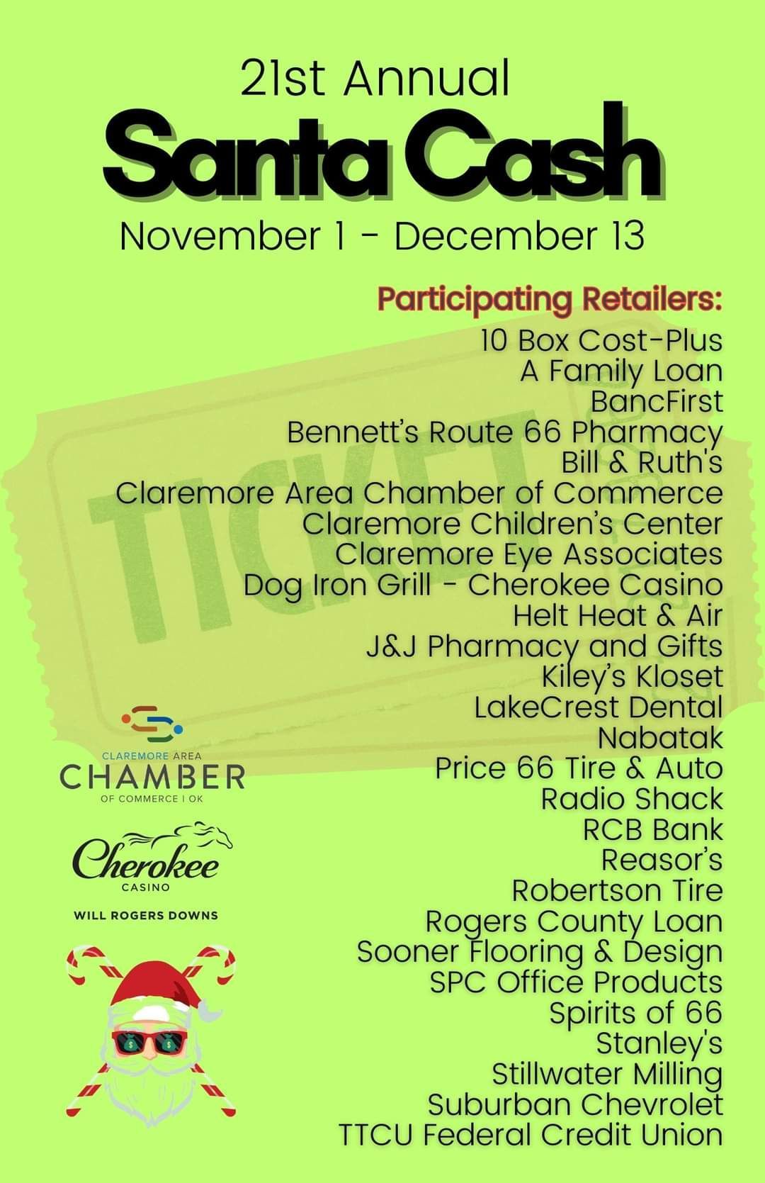 Green SantaCash event flyer listing holiday date, vendors, and Chamber details