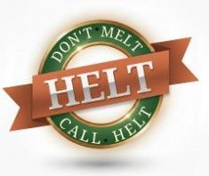 Helt Heat Air Green and orange “HELT” logo with ribbon text “DON’T MELT, CALL HELT”