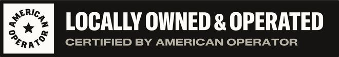 Locally owned and operated badge with American-made logo and white text on black background
