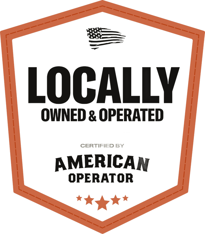 Orange shield badge reading “Locally Owned & Operated” and “Proudly American Operator” with stars and flag icon