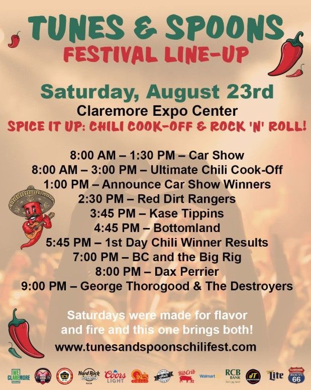 Tunes & Spoons festival lineup poster for Saturday, August 23 at Claremore Expo Center, with chili cook-off and live music.