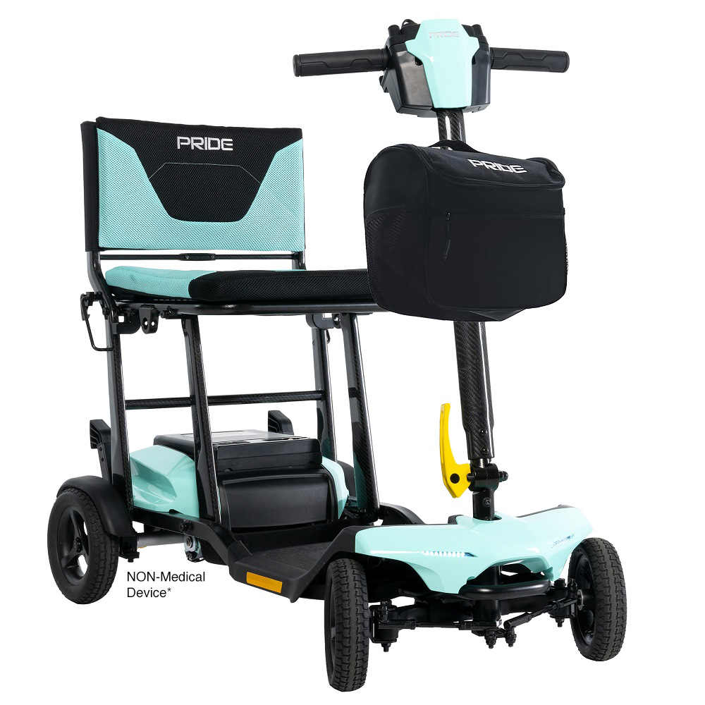 Mint-colored Pride mobility scooter with black accents, designed for personal use.