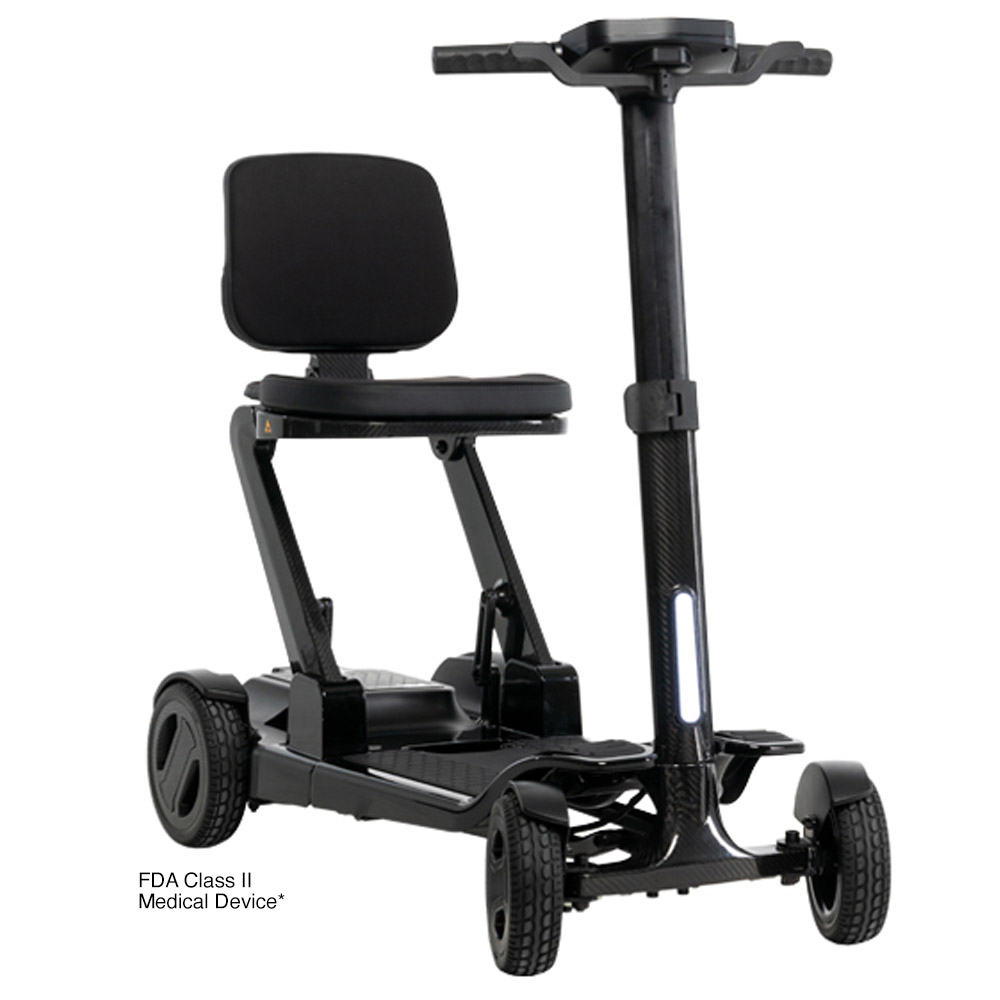 Black folding mobility scooter with seat and handlebar.