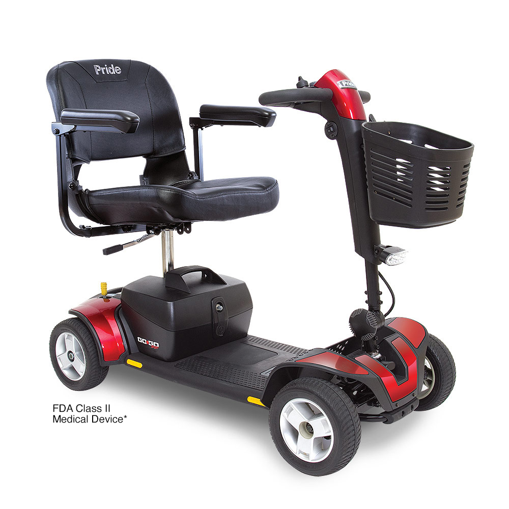 Red and black Pride Go-Go mobility scooter with basket and black seat. FDA Class 1 Medical Device.