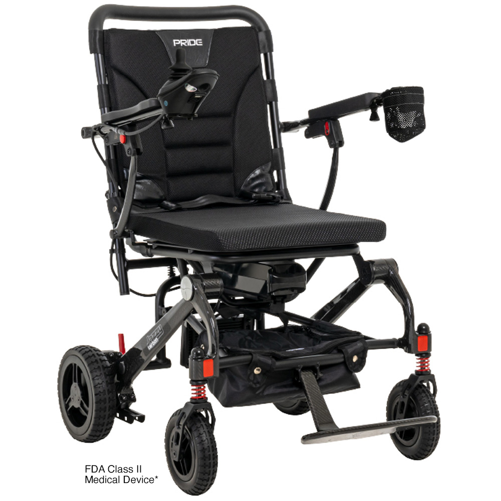 Black electric wheelchair with joystick, cup holder, and footrest.