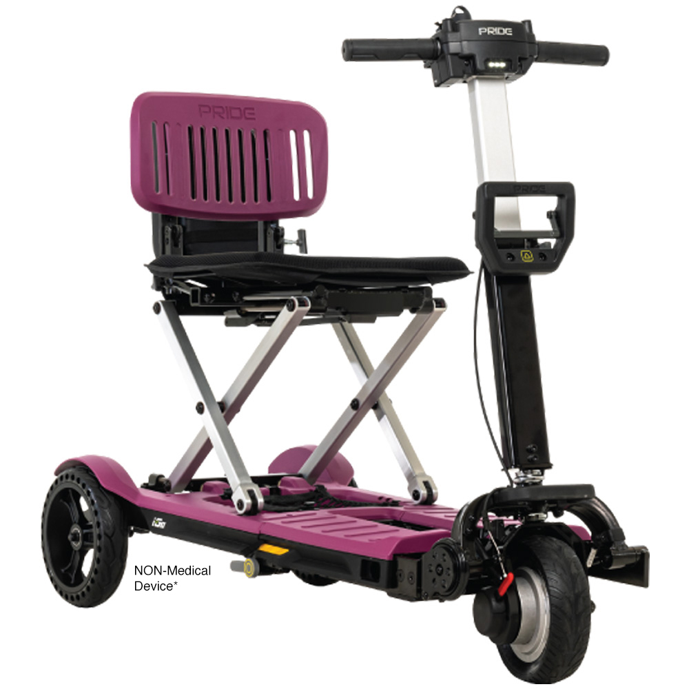 Purple Pride mobility scooter. Folding design with a seat, handlebars, and three wheels.