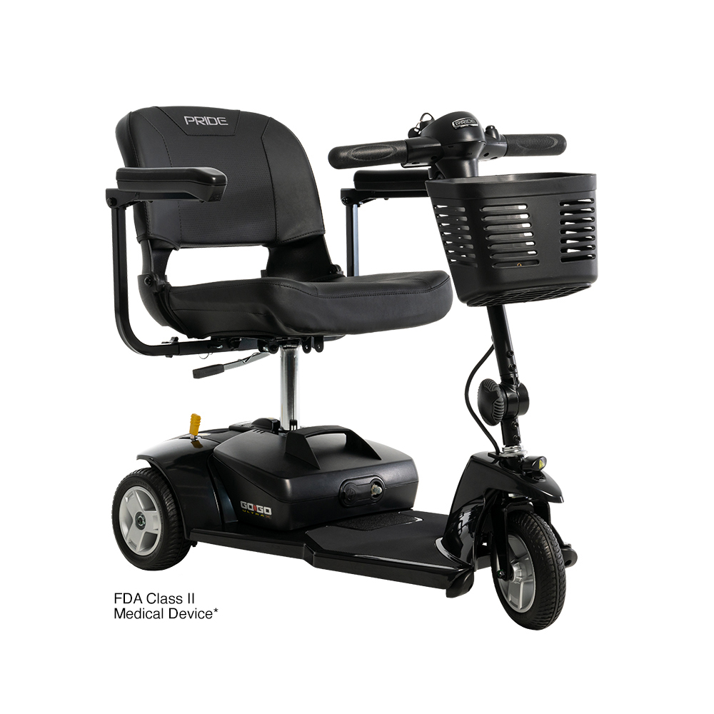 Black Pride Go-Go mobility scooter with a seat, armrests, handlebar, basket, and three wheels.