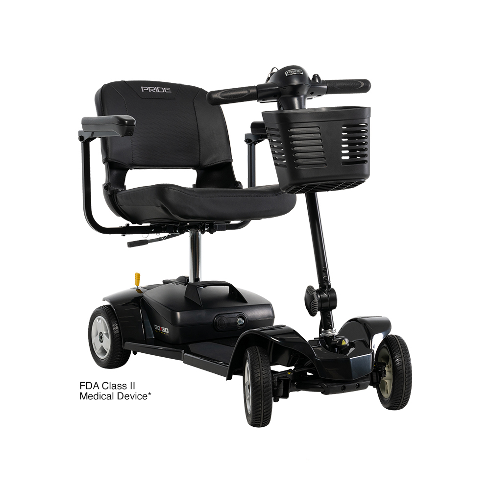 Black mobility scooter with a basket, armrests, and a swivel seat.