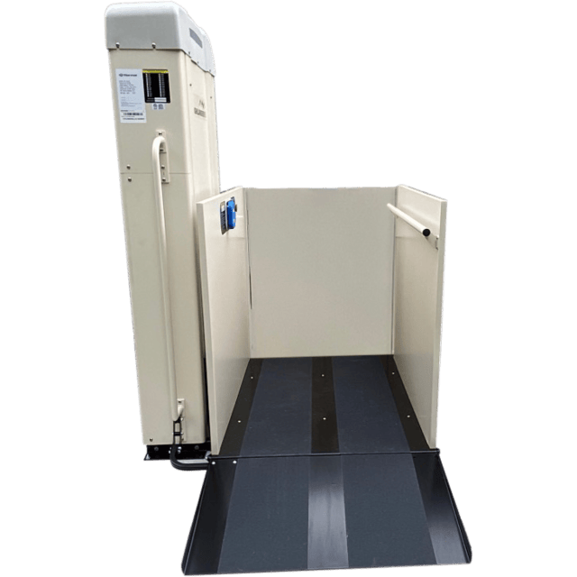 Beige wheelchair lift with a black ramp, on a white background.