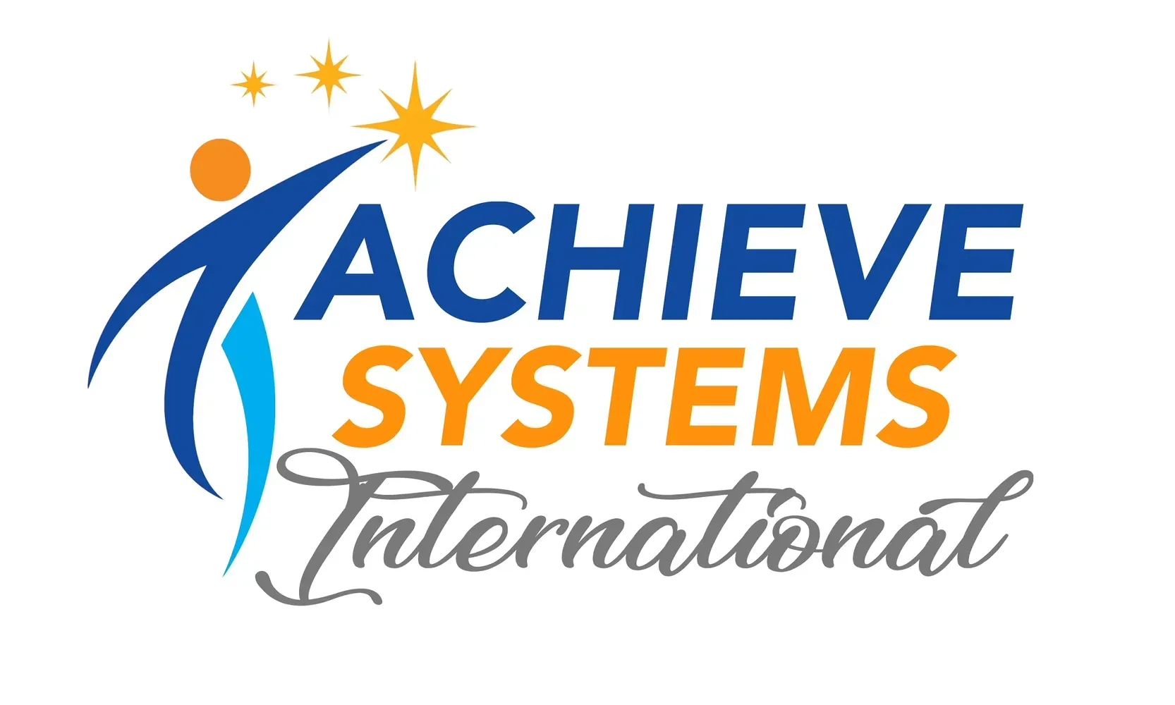 The logo for achieve systems international is blue and orange.