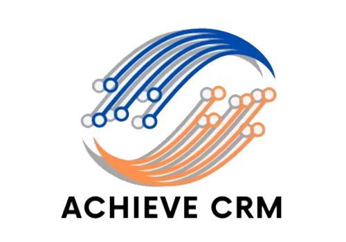 A logo for achieve crm with a blue and orange wave
