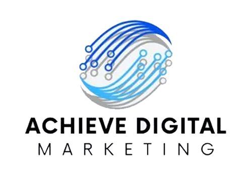 A logo for achieve digital marketing with a blue wave
