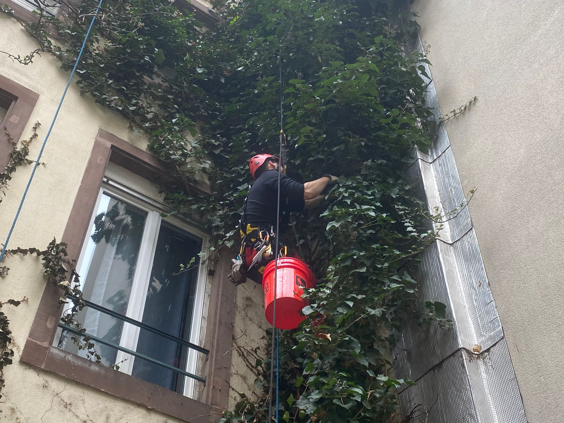 Un homme grimpe sur un bâtiment avec un seau rouge