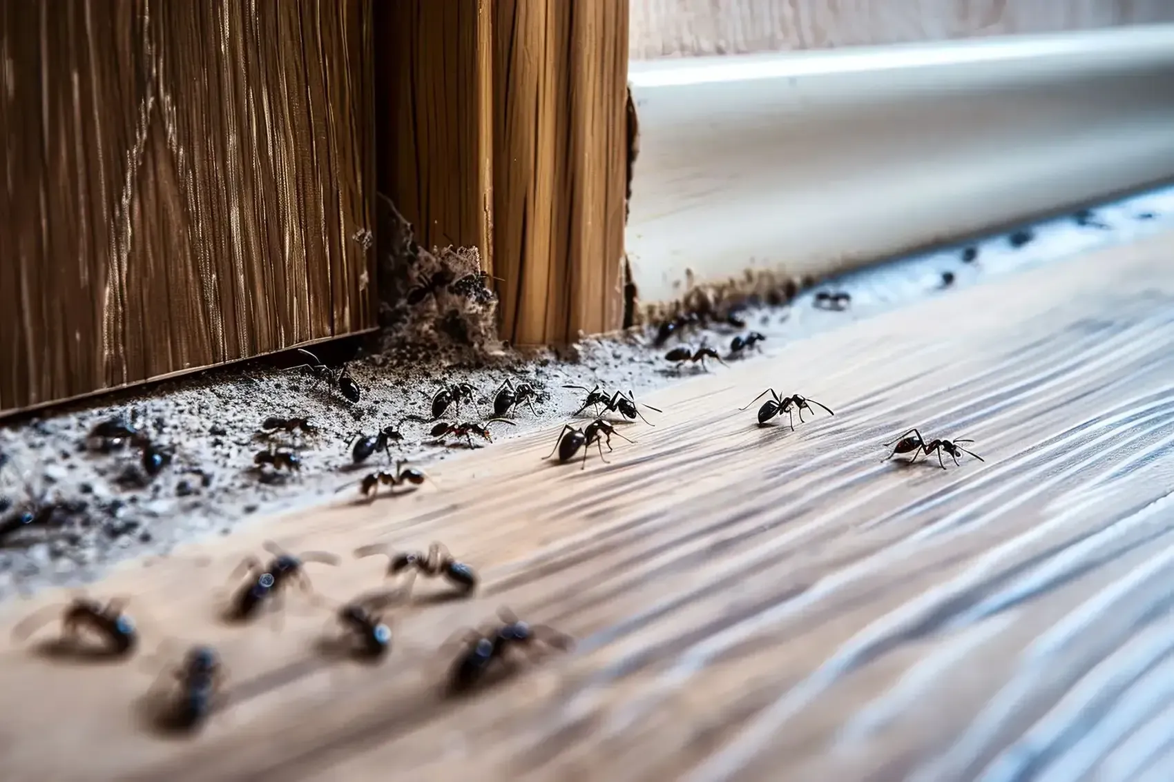 Baseboard and door against a floor with carpenter ants crawling