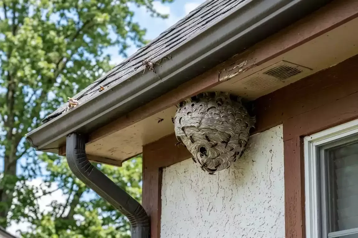 Wasp nest attached beneath a residential roof overhang in Ohio.