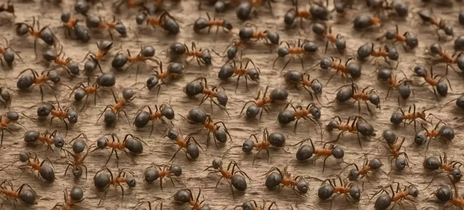 A large group of ants are crawling on a wooden surface.