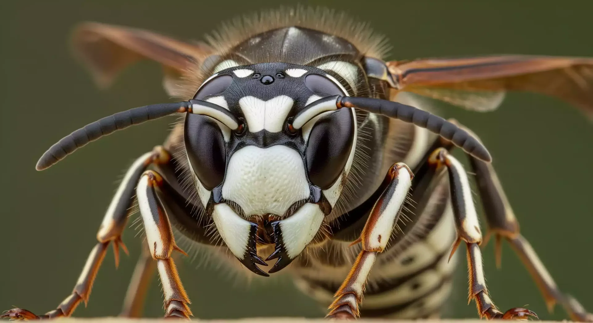Close-up of a bald-faced hornet, black and white face, wings extended, looking directly at the viewer.