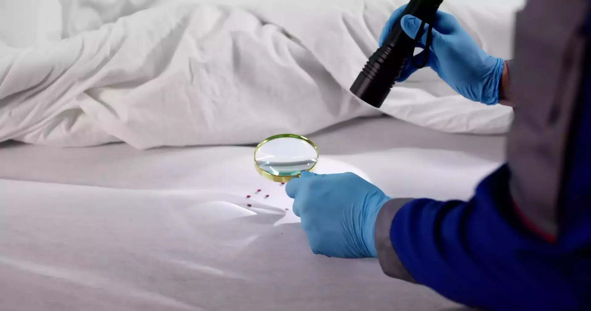 Person inspecting white bedding with a magnifying glass and flashlight, looking for pests.