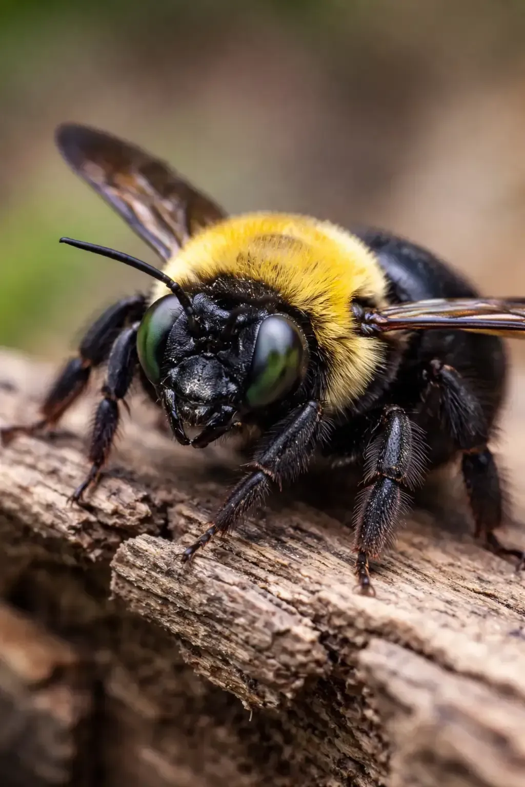 Closeup of a carpenter bee on wood