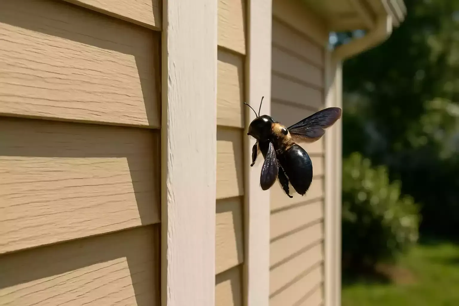 A black bee is sitting on the side of a house.