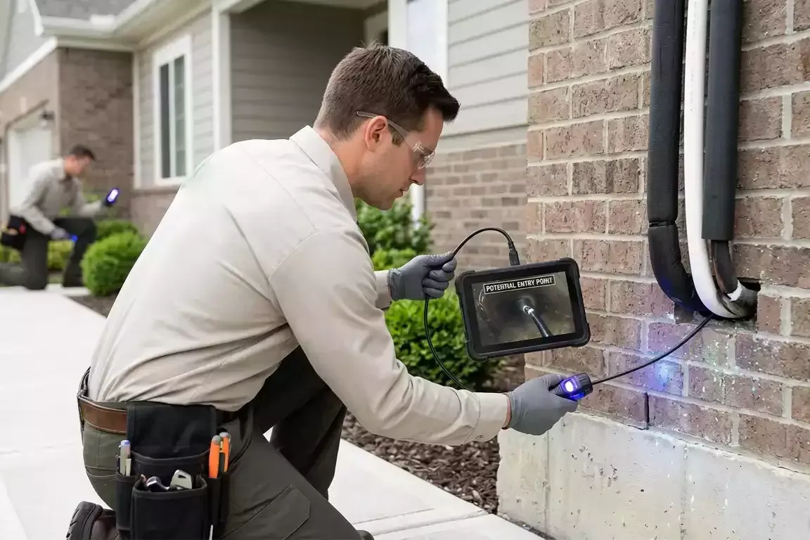 Pest control technician inspecting home for rodent entry points