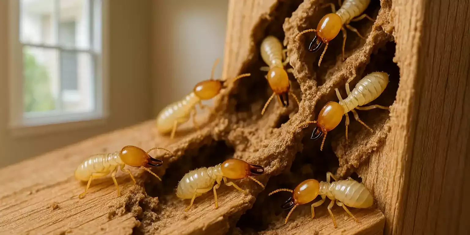 Termites on a wood beam, some inside a burrow, in a room with a window.