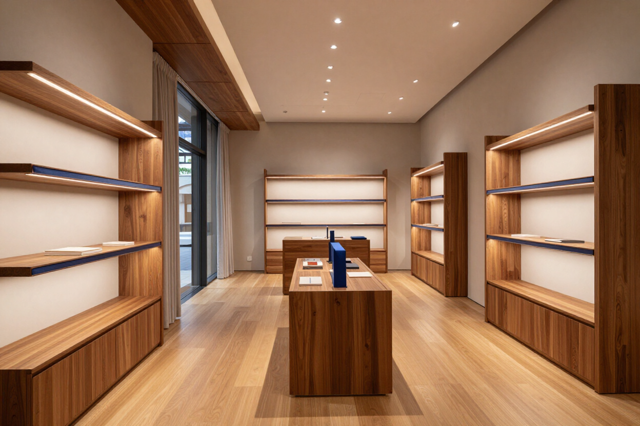 Interior de tienda moderno con paneles de madera, estantes de exhibición vacíos y una mesa de exhibición central.