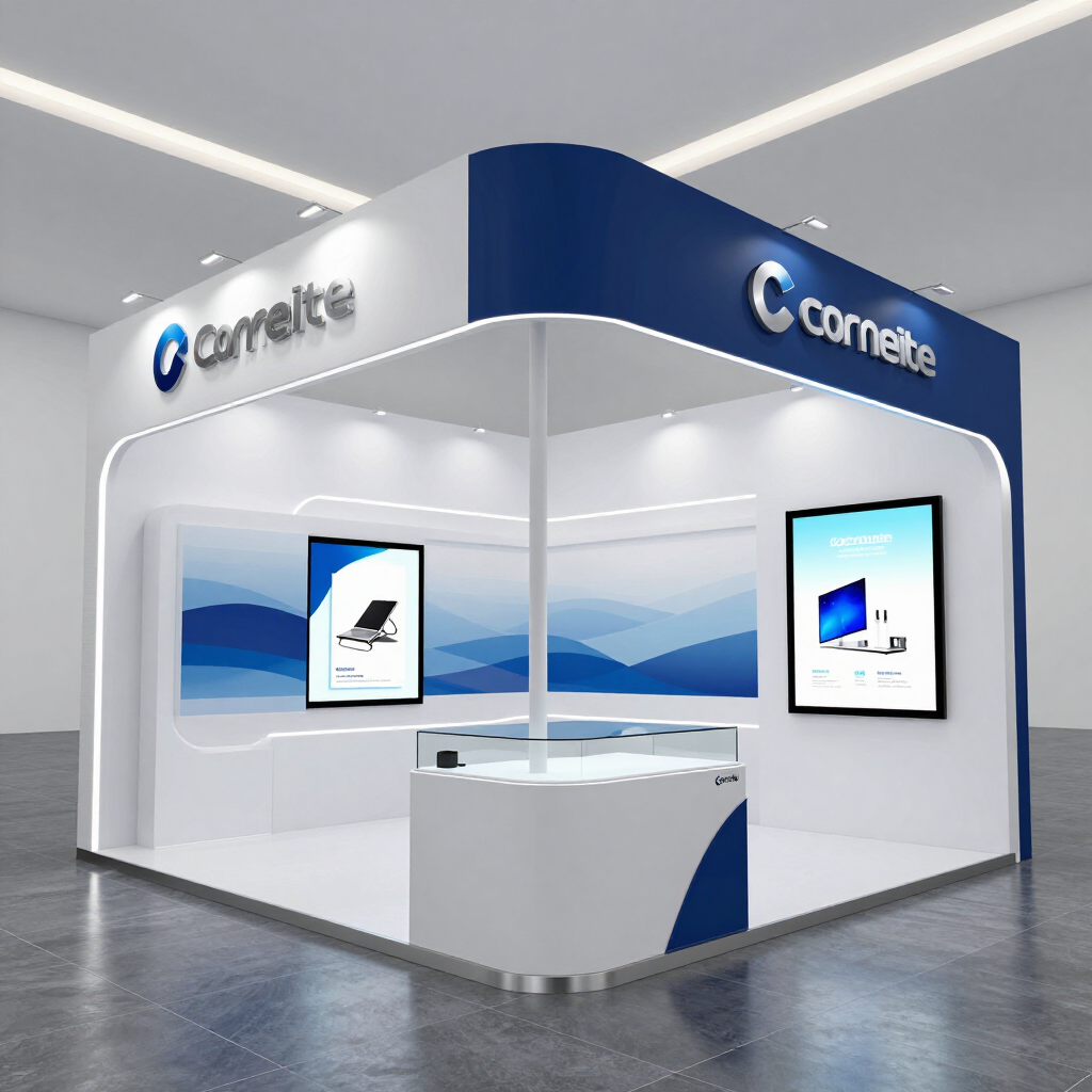 Stand moderno de CornerTech en blanco y azul para ferias comerciales, con expositores y mostrador de marca.