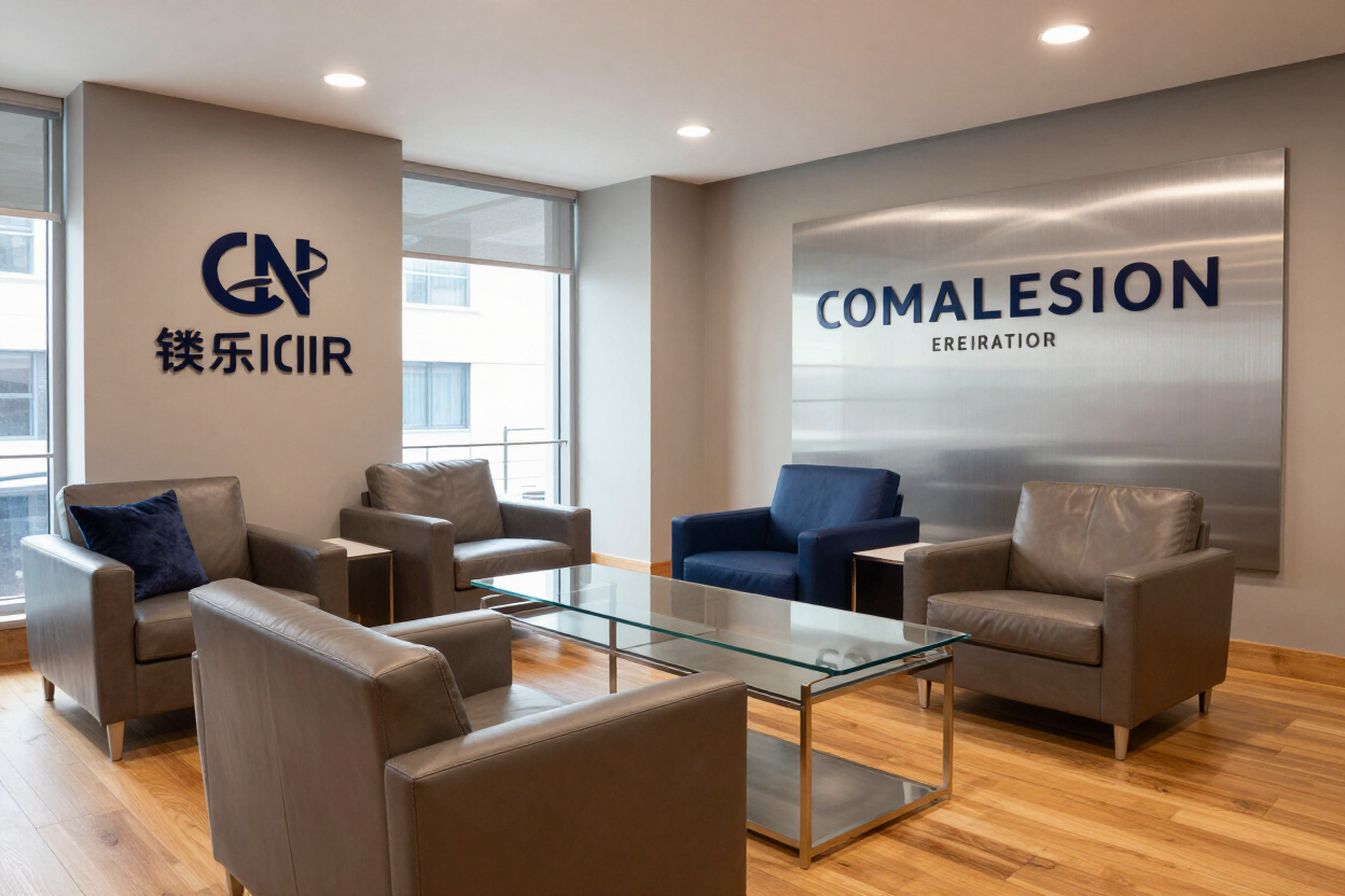 Sala de estar de oficina moderna con sillas grises, mesa de centro de cristal y logotipos de CN y COMALESION en la pared.
