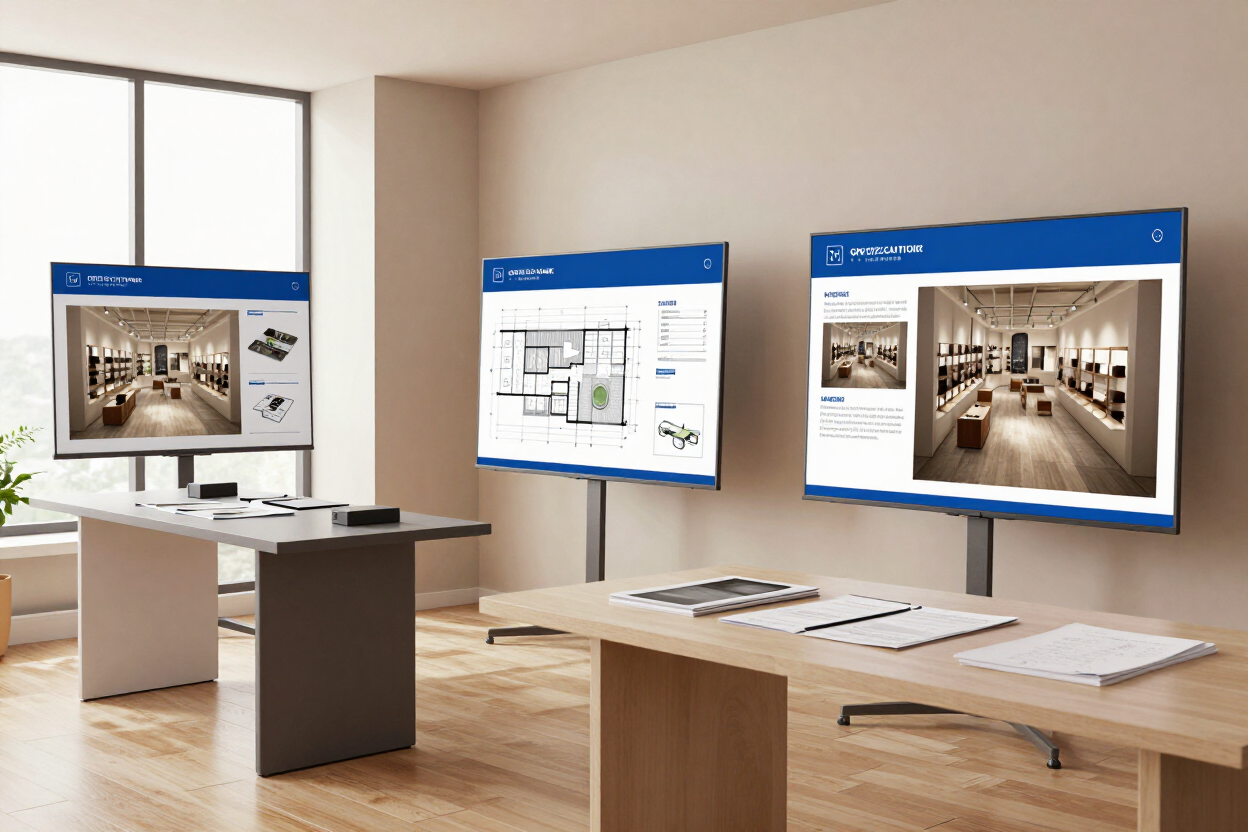 Espacio de trabajo de oficina moderno con tres monitores de ordenador que muestran planos de diseño y un interior luminoso.