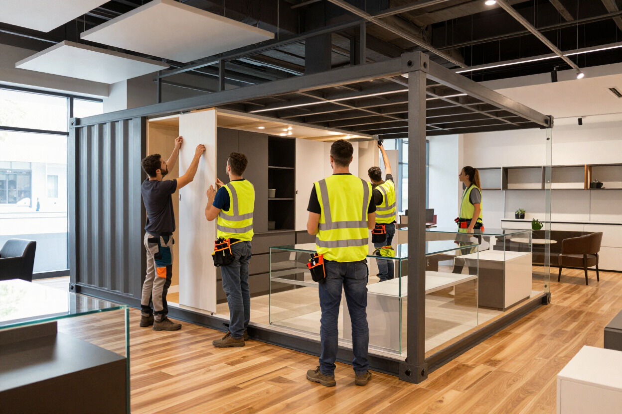Trabajadores ensamblando una estructura de oficina modular dentro de un espacio de trabajo luminoso y moderno.