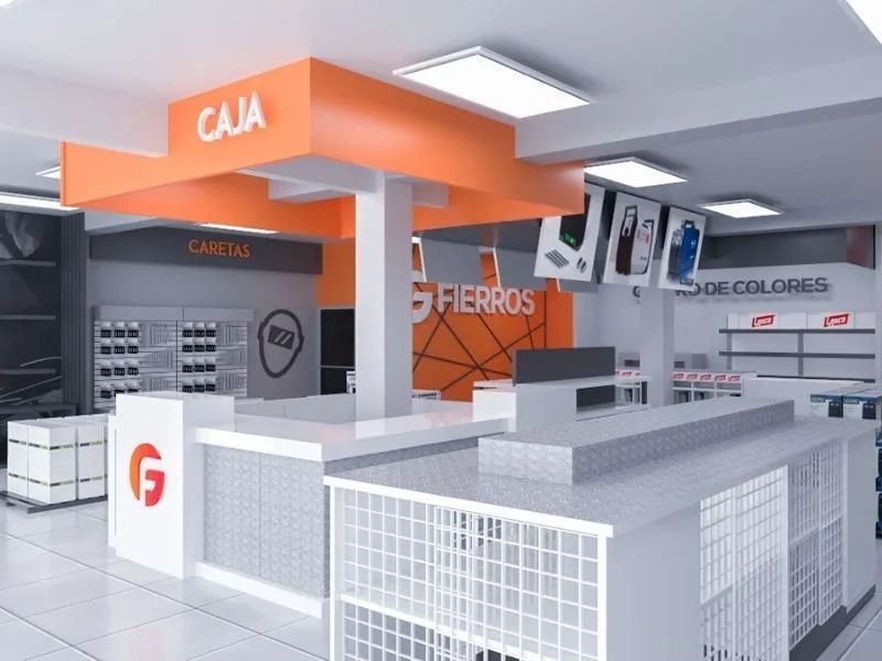 Interior moderno de un banco minorista con mostradores, área de cajeros y monitores superiores en tonos naranja y gris.