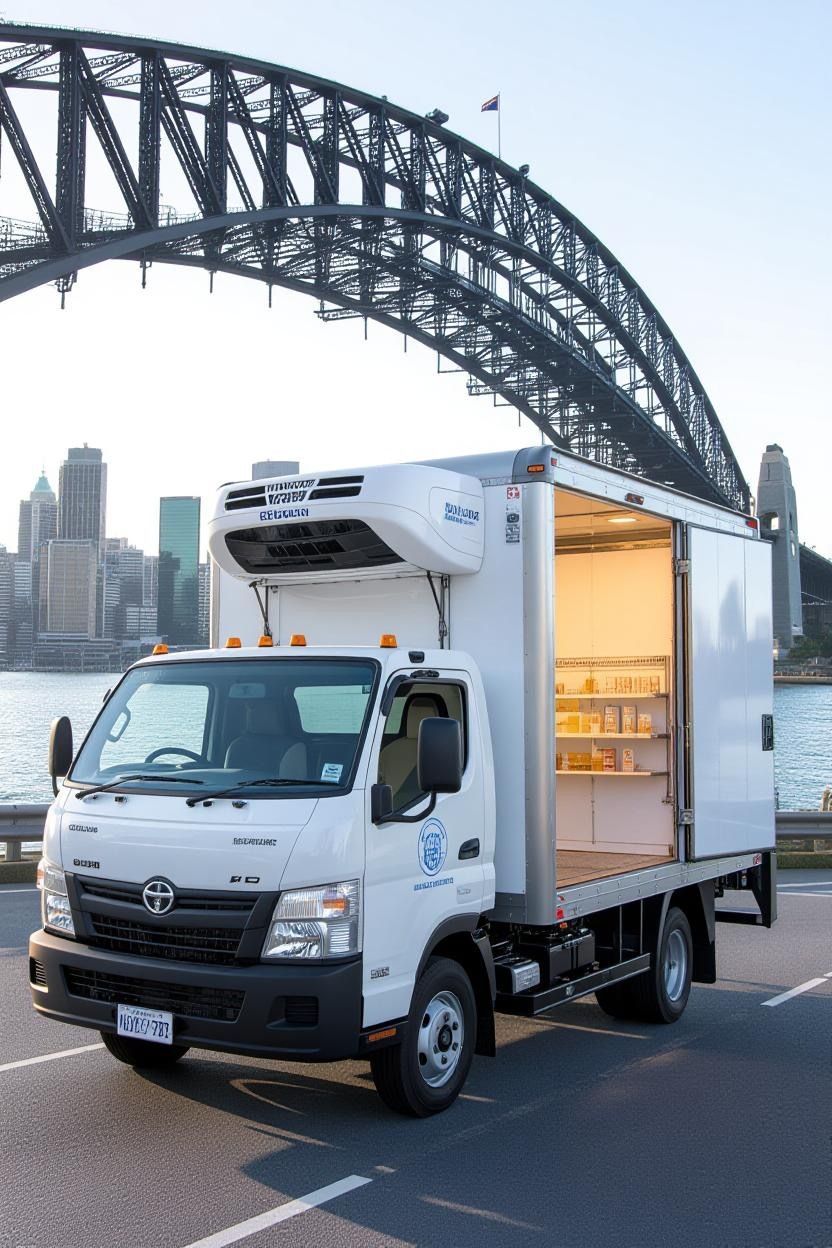 A white refrigerated delivery truck parked with its side door open, under the Sydney Harbour Bridge.