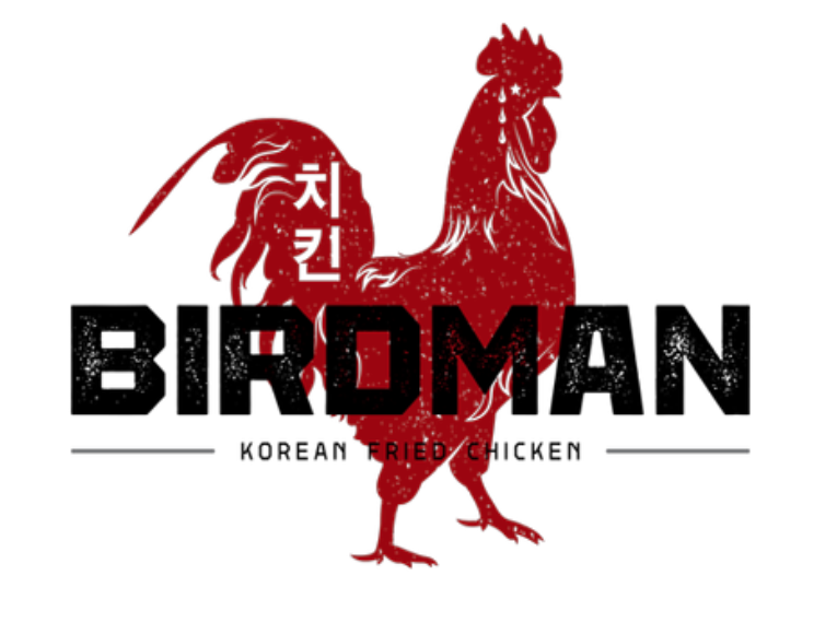 Logo for "BIRDMAN KOREAN FRIED CHICKEN" featuring a red, textured rooster illustration behind bold black text.