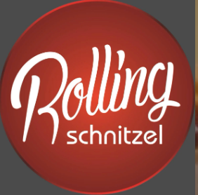 A red circular logo with the white text "Rolling" in a script font above the word "schnitzel" in a modern sans-serif font.
