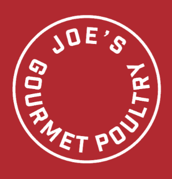 A circular white logo reading "Joe's Gourmet Poultry" on a solid red background.