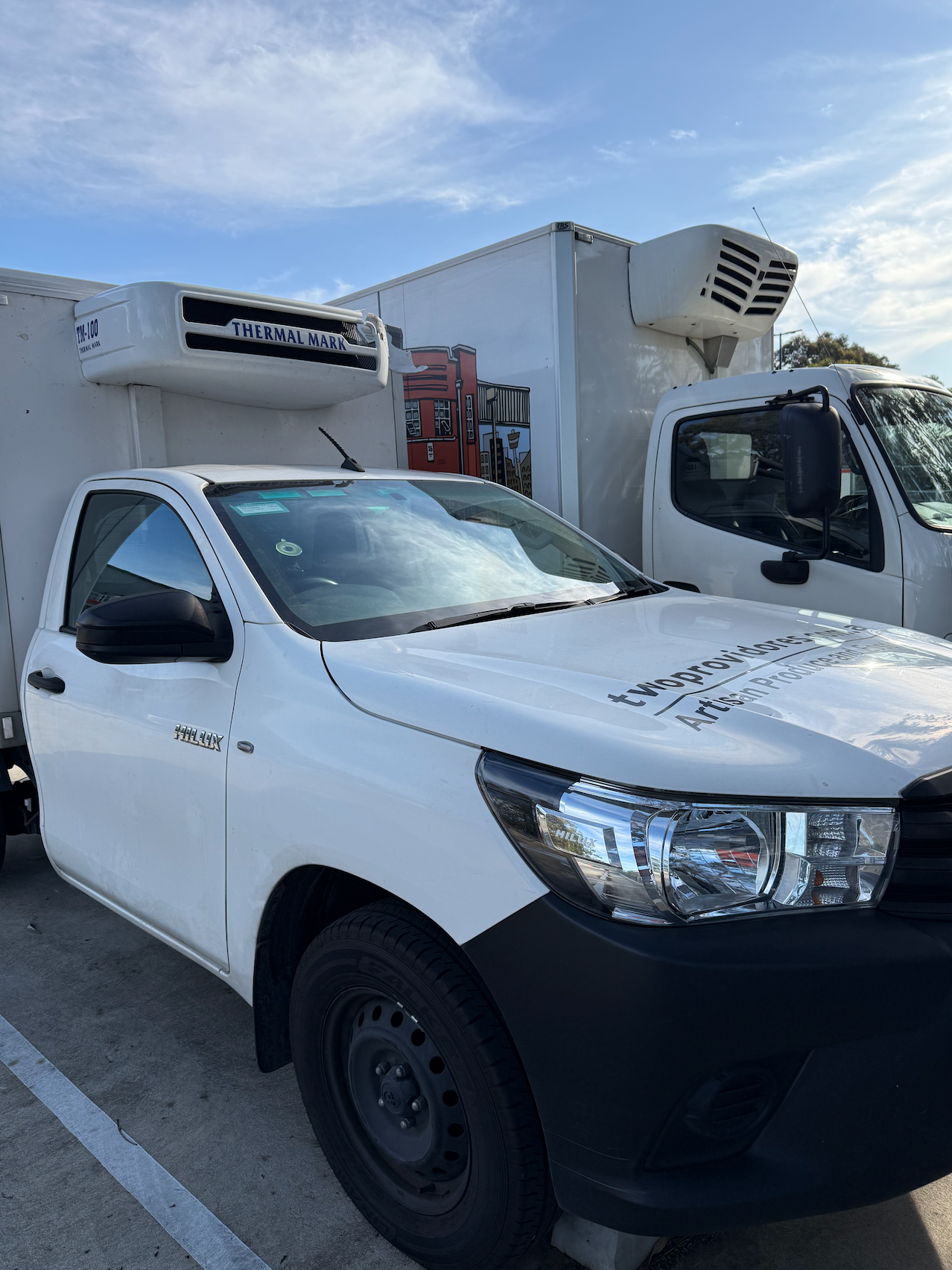 A white pickup truck with a refrigerated cargo box parked outdoors on a bright, sunny day.