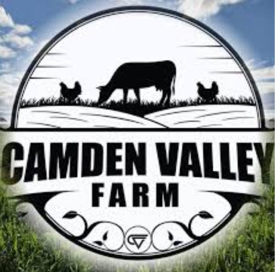 Logo for Camden Valley Farm featuring a black silhouette of a cow and two chickens on a hill inside a circular border.