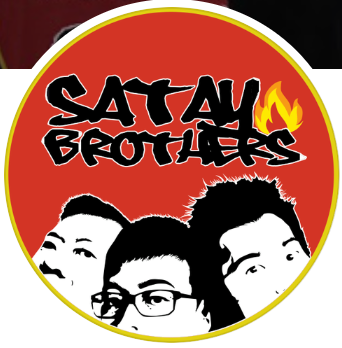 Circular logo with a red background, flame icon, and the text "SATAY BROTHERS" above silhouettes of three people.