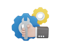 A 3D cartoon hand in a grey suit sleeve holds a silver wrench against a blue gear, with a smaller yellow gear behind it.