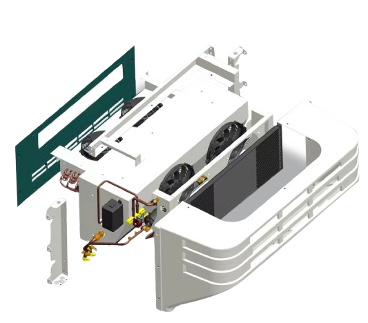 An exploded-view diagram showing the internal components, fans, and casing of a white industrial air conditioning unit.