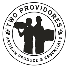 A circular black and white logo showing silhouettes of two people carrying boxes, labeled "TWO PROVIDORES."