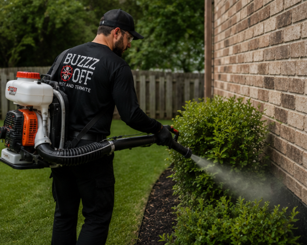 Buzz-Off professional exterminator spraying hedge from a backpack sprayer