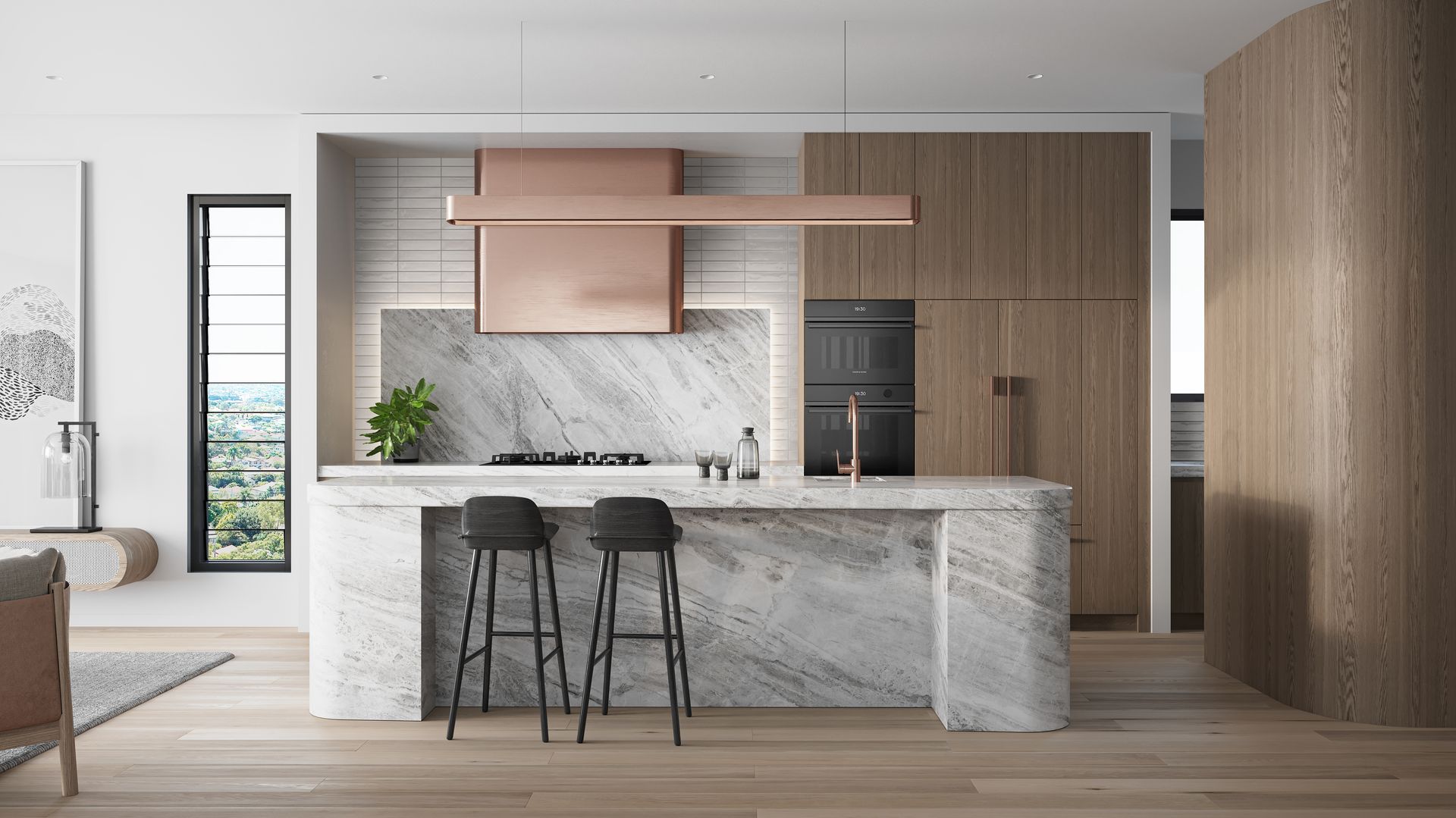 A kitchen with marble counter tops , wooden cabinets, and a large island.