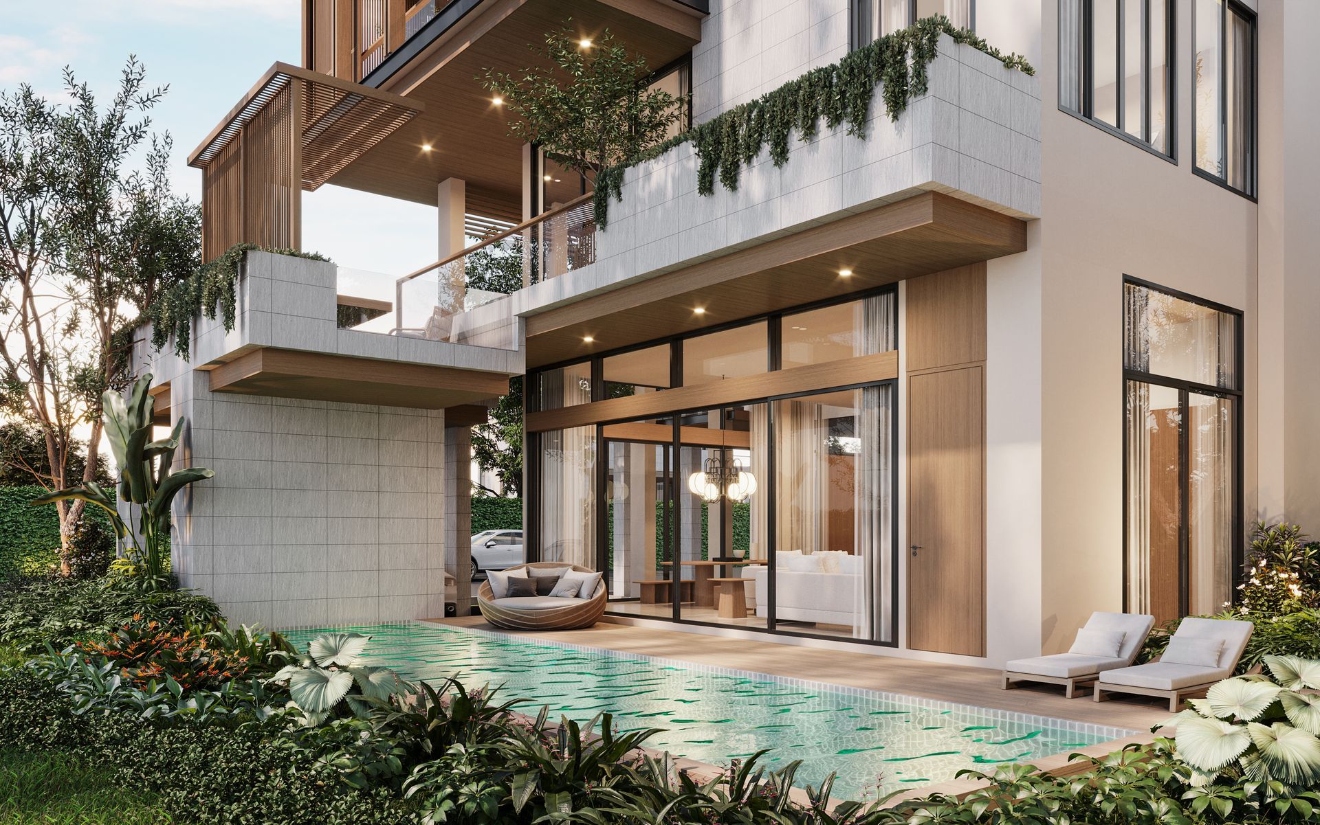 An artist 's impression of a house with a swimming pool in the backyard.