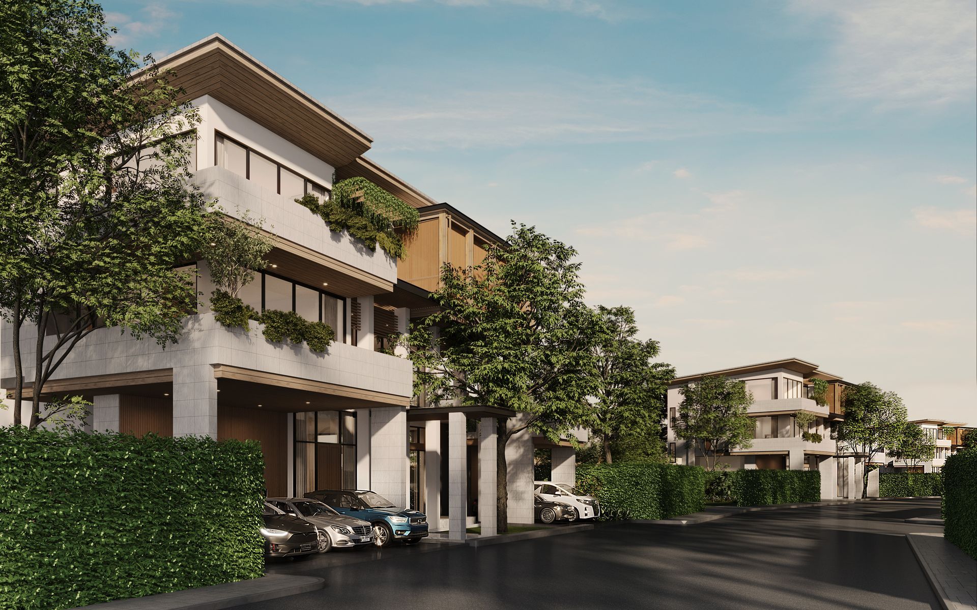 A rendering of a house with cars parked in front of it.